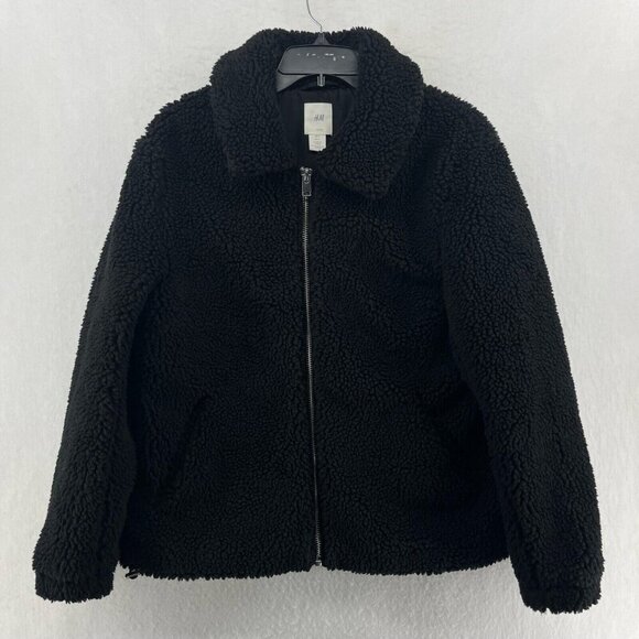H&M LOGG Jacket Womens S Black Sherpa Fleece Lined Relaxed Fit Furry Casual - Picture 1 of 13